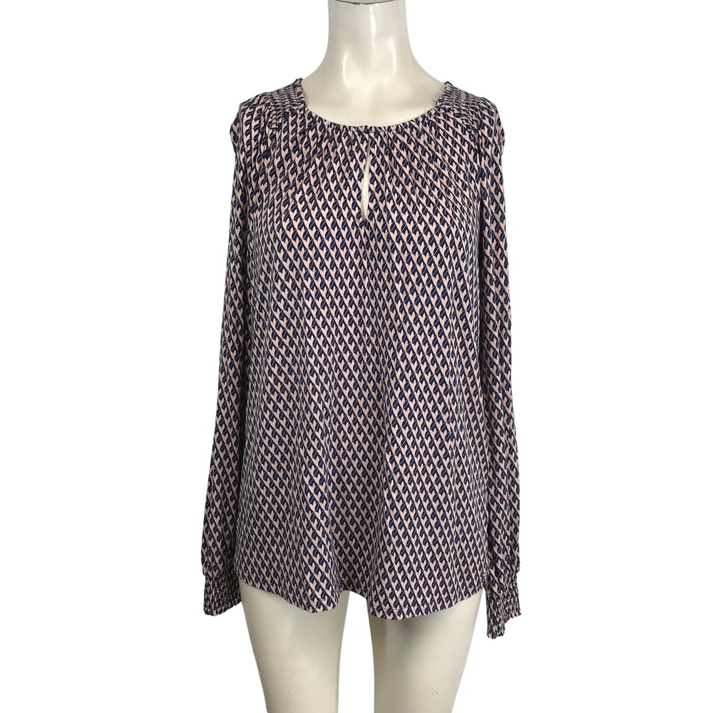 Boden Women's Size 6 Pink Navy Geometric Print Long Sleeve Keyhole Neck Blouse